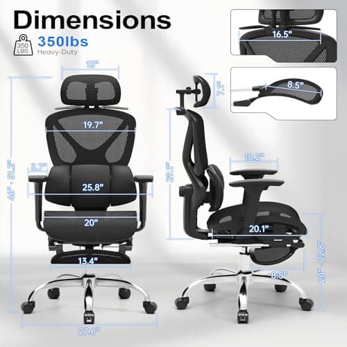 Freepub Ergonomic Mesh Office Chair, Home Desk Chair with Adjustable Lumbar Support, 3D Headrest and Armrests, Reclining Big and Tall High Back Computer Gaming Chair for Man Women, 350lbs, Black