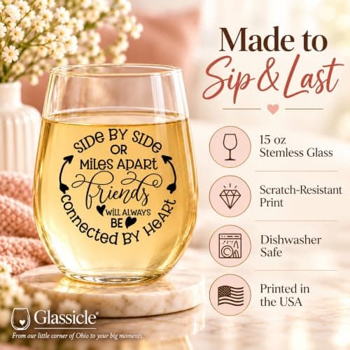 Side By Side Or Miles Apart Best Friend Wine Glass - 15 Oz, Scratch-Resistant Wine Glass - Birthday Gifts for Her, Stocking Stuffer, or Long Distance Friendship Gifts for Women - Printed in the USA