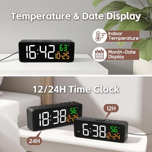 Netzu 3-in-1 Digital Clocks for Living Room with Temperature, Date & Time Display - 4 Levels Birghtness, 3 Volumes, Small & Compact Plug-in Alarm Clock for Bedroom, Office (Black)