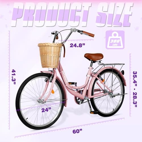Beach Cruiser Bike for Adult, 24 & 26 Inch Comfort Bikes with Rattan Front Basket, Womens Bicycle with Adjustable Seat and Dual V-Brake (Pink & White & Green & Purple & Black)