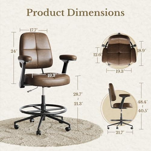 Drafting Executive Chair, Tall Office Chair with Padded Flip-Up Armrests, Mid-Back Cushioned Seat, 360° Swivel Rolling Computer Desk Chair for Standing Desk & Home Office, Vintage Brown