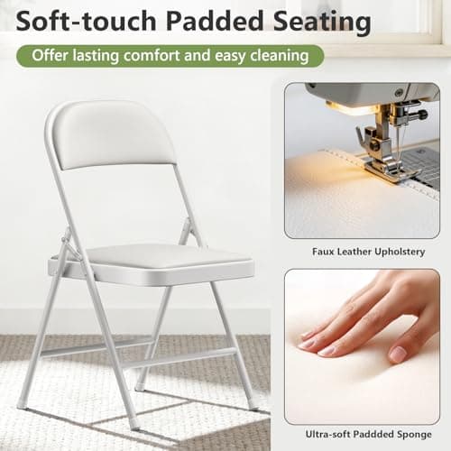 Folding Dining Chairs Set of 2 - Modern PU Leather Folding Chairs with Cushion Seat & Back Metal Legs Kitchen Chairs Folding Chair Set for Kitchen/Living Room/Bedroom/Parties (White)