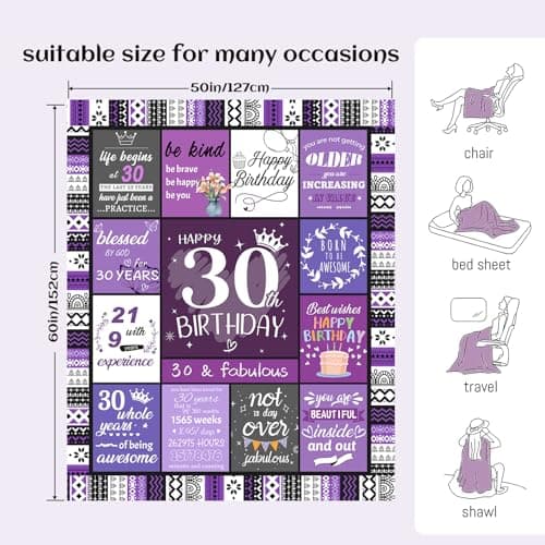 30th Birthday Gifts for Women Her, 30th Birthday Decorations for Women, 30 Year Old Gifts for Woman, Turning 30 and Fabulous - Blanket 60"X50"