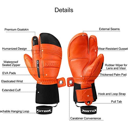 KUTOOK Winter 3 Fingers Ski Mittens Goatskin Thermal 3M Thinsulate Waterproof Snowboarding Gloves with Pocket for Men Women