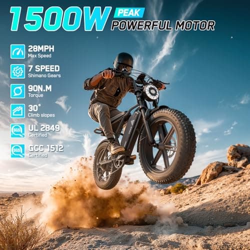 TST Electric Bike for Adults 1500W Peak 20" Fat Tire All-Terrain E-Bike 60/110 Miles 28 MPH Electric Dirt Bike - 48V 15/25 AH Battery Tested to UL 2849 Powered Electric Bicycle
