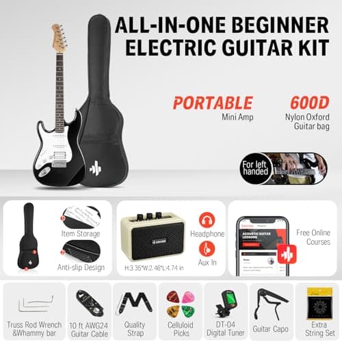 Donner 39 Inch Left-Handed Electric Guitar Kit Solid Body Black Lefty Beginner Set Full-Size with Amplifier Online Lesson Bag Digital Tuner Capo Strap String Cable Picks DST-100BL