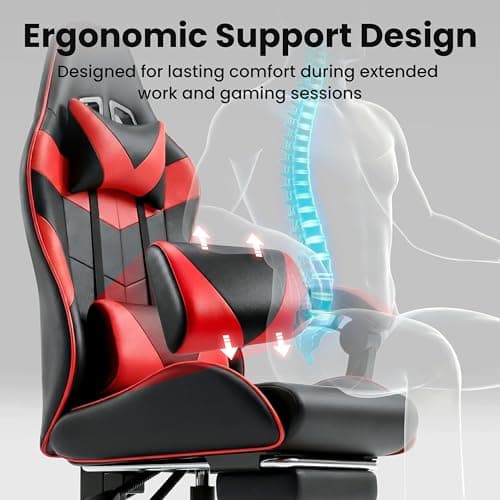 Gaming Chair, Ergonomic Computer Chair with Footrest and Lumbar Support, Height Adjustable Office Chair with 360° Swivel Seat and Headrest (Red & Black)