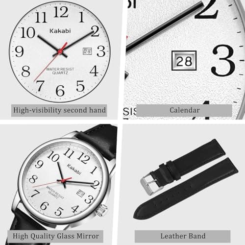 Kakabi Watch for Men, Easy Reader Unisex Analog Quartz Waterproof Wristwatch with Date and Leather Band, Casual Simple Fashion Mens Watches Gift