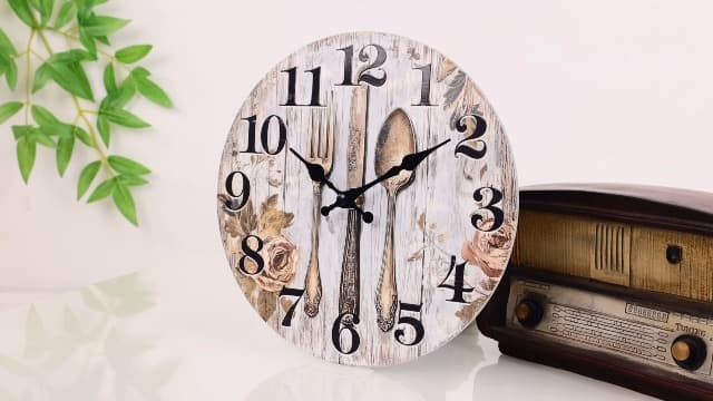 Keepcross Kitchen Wall Clock Fork & Spoon Cutlery Theme Rustic Modern Farmhouse Decor Glass Clock for Kitchen, Dining Room - 8 Inch, Battery Operated