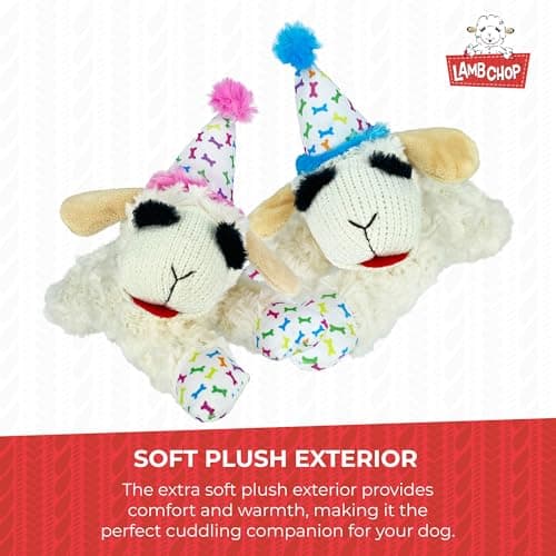 Soft Plush Dog Toy, Stuffed Animal Dog Toy For Playing, Cute Birthday Toy 10.5”, Pink Hat, 5 Squeakers Multipet Lamb Chop Dog Plush Toy with Birthday Hat - Squeaky Dog Toy B0BKH23JXC