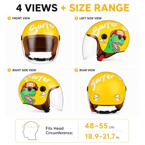 Kids Motorcycle Helmet, Jet Helmet with Visor, Scooter & Bike ATV, Quick-Release Buckle, Removable & Washable, 48-55cm