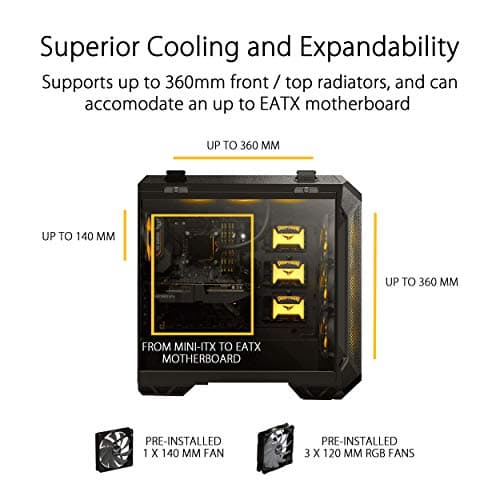 ASUS TUF Gaming GT501 Mid-Tower PC Case for up to EATX Motherboards with USB 3.0 Front Panel, Smoked Tempered Glass, Steel Construction, and Four Case Fans
