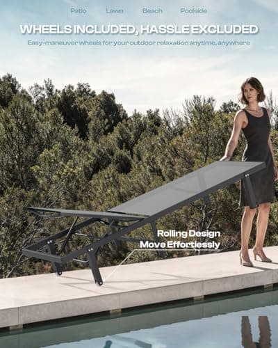 Lounge Chair Outdoor with Wheels, Aluminum Chaise Lounge Outdoor Chair with 5 Adjustable Backrest - Easy to Move- Pool Lounge Chairs for Patio, Poolside, Darkgray