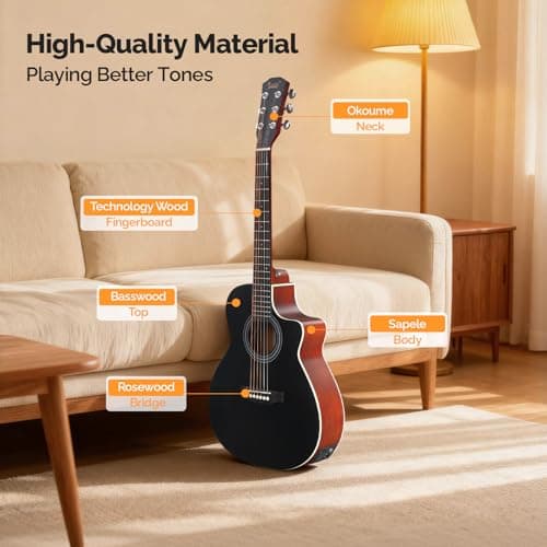 GLARRY 36in Acoustic Electric Guitar Beginner Kit with 15W Amp, 5-band EQ Dreadnought Design 6 Strings Electric Acoustic Guitar with Bag, Strap, Picks, Strings, Wrench (Black)