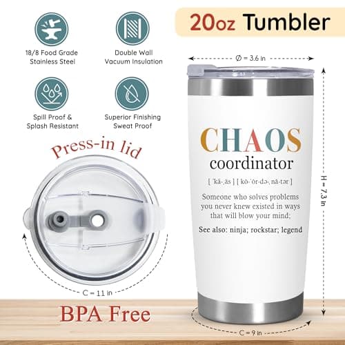 TEEZWONDER Christmas Thank You Gifts For Women - Chaos Coordinator Insulated Coffee Tumbler with Lid 20 oz - Teacher Retirement Appreciation Birthday Gifts for Women Friends Coworkers Boss Employee