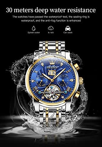 OLEVS Men Automatic Watch Skeleton 5 Hands Mechanical Classic Luxury Multi Calendar Stainless Steel Waterproof Wrist Watch for Men