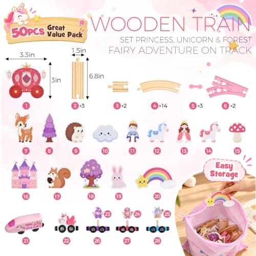 Pink Train Track Set Fairy Theme with Multiple Layouts, Birthday Gift Toys for Girls 3 4 5 6 Year Old Wooden Train Set Electric, 50 PCS Unicorn Princess Wood Track for Girls B0HDSGBW7S