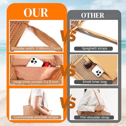HOHOM Beach Bags for Women, Summer Travel Mesh Tote Bag with Large Inner Pocket, Sandproof Woven Shoulder Handbag