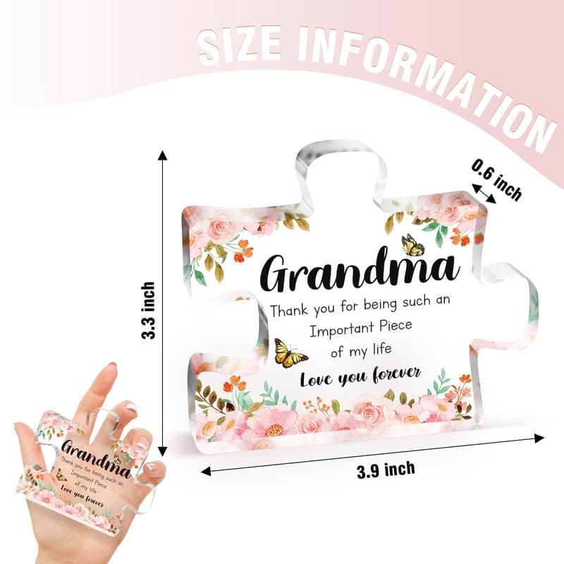 Grandma Gifts - Delicate Grandma Birthday Gifts from Grandkids - Engraved Acrylic Puzzle Piece 3.9 x 3.3 inch - Mothers Day Christmas Birthday Gifts for Grandma Grandmother, Ideas