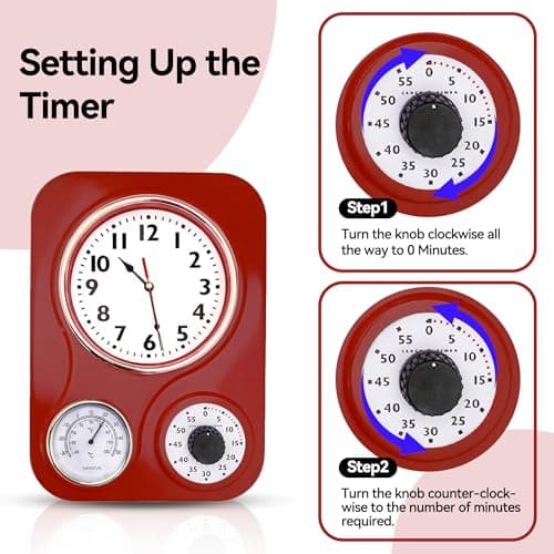 Lily's Home -9.5 Inch x 12.5 Inch -Retro Kitchen Wall Clock, Vintage Wall Clock with a Thermometer and 60-Minute Timer, Ideal for Any Kitchen, Office, or Diner (Retro Red)