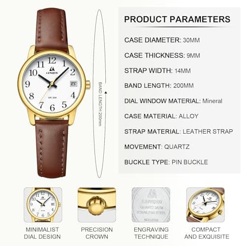 LN LENQIN Ladies Watches Analog Quartz Watch for Women Waterproof Women's Wrist Watches Easy Reader Womens Watch with Leather Strap