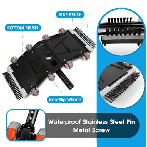 Heavy Duty Pool Vacuum Head with Swivel Handle -Extra-Wide 3.2LB Weighted Vac Heads Side Brush & Wheels for Vinyl Liner-Deep Cleaning for Inground & Above Ground Swimming Pool - Orange