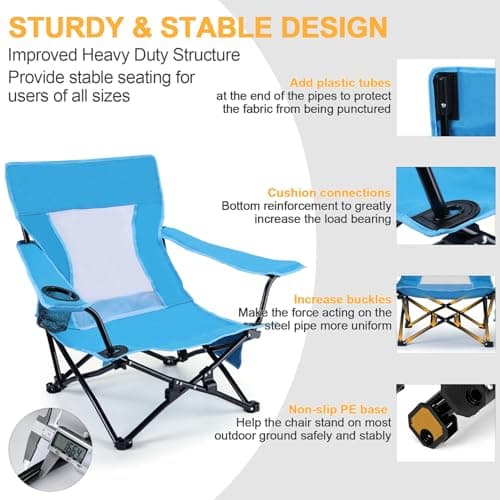 Joyfair Beach Camping Chair (2 Pack), Outdoor Folding Lawn Chair for Adult, Heavy Duty Portable Chair with Armrest for Outside Fishing, Sport, Cup Holder & Storage Pocket, Carry Bag (Blue, Classic)