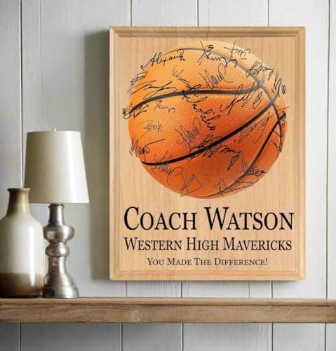 Basketball Coach Gift Plaque - Coaches Recognition Award Trophy - SIGNABLE PERSONALIZED For Team Signatures & Thank You Notes - Solid Wood - 8.5in x 11in x .75in (Basketball Coach)
