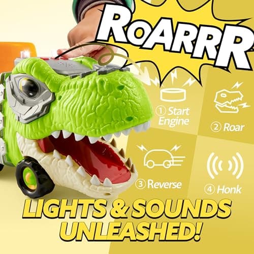 JOYIN Dinosaur Toys for Kids 2-4, Toddler Boy Toys, Dinosaur Carrier Truck with 6 Rubber Car Vehicles, Christmas Birthday Gifts with Music & Lights for 2 3 4 5 Year Old