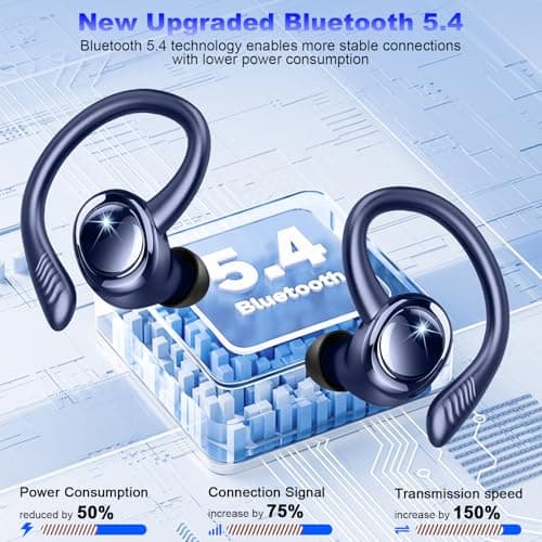 Hupoaf Wireless Earbuds Sport, New Bluetooth 5.4 Headphones with Earhooks, 50H Stereo Deep Bass Over Ear Buds with 4 ENC Noise Canceling Mics, IP7 Waterproof Earphones for Running Workout Gym -Blue