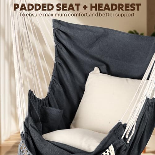 Chihee Hammock Chair Hanging Chair with Foot Rest 2 Cushions Max 500lbs Robust Metal Spreader Bar Collapsible Easy Storage Soft Cotton Swing Chair Strong Strap Iron Carabiner Side Pocket Included