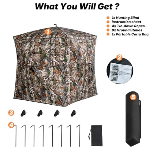Hunting Blind 360 Degree See Through, 2-3 & 3-4 Person Pop Up Ground Blind for Deer and Turkey, Portable Camouflage Tent with Quiet Zipper Door and Carrying Bag
