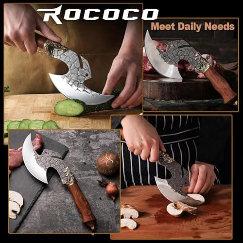 ROCOCO Viking Cleaver Knife Butcher Meat Cutting Boning Knife Hand Forged Chinese Kitchen Axe with Sheath Home Outdoor BBQ Camping Chirstmas Birthday Chirstmas Mother Father Gift Men