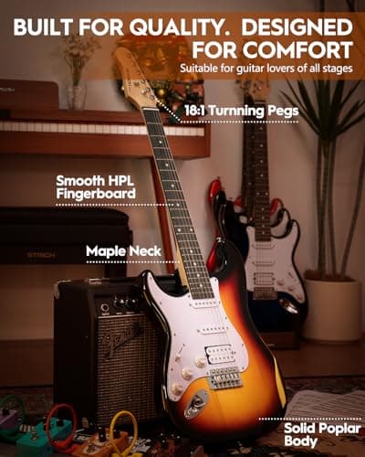 STRICH Electric Guitar Left Hand Beginner Kit, Solid Body 39" Electric Guitar HSS Pick Up for Starter, with 5W x 2 Amp, Bag, Capo, Strap, String,Cable, Picks, SST-S20L Sunburst