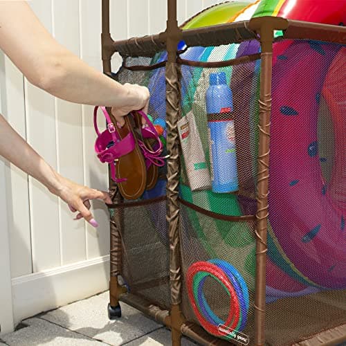 Essentially Yours Pool Storage Equipment Organizer Holder - Noodles, Toys, Balls and Floats Mesh Rolling Double Decker Bin, Large with Noodle Holder, (35.3" W x 23" L x 59.4" H), Brown Style 561935