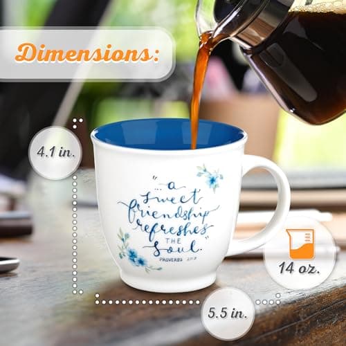 Christian Art Gifts Blue Floral Ceramic Coffee Mug – 14 oz. Microwave and Dishwasher-safe Inspirational Scripture Coffee and Tea Mug for Friends with Bible Verse: A Sweet Friendship – Proverbs 27:9