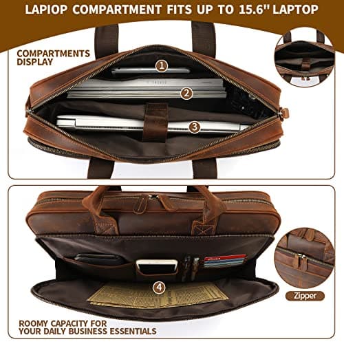 Jack&Chris Full Grain Leather Briefcase for Men, Business Messenger Bag Laptop Bag Attache Case, Fits 15.6 Inch Laptop