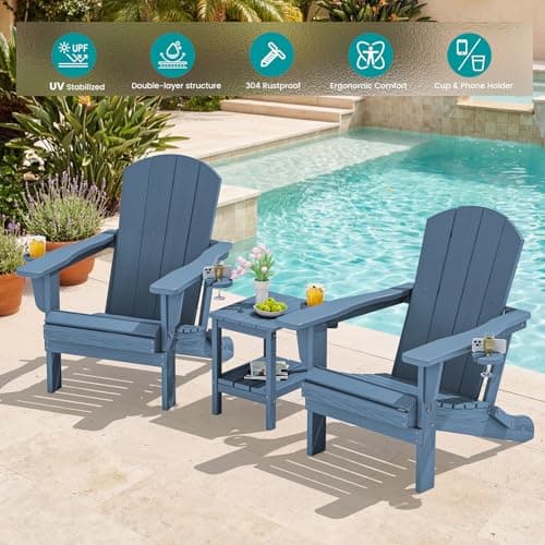 SERWALL Folding Adirondack Chair, HDPE Adirondack Chairs Set of 2, Plastic Outdoor Chairs- Looks Exactly Like Real Wood- Navy