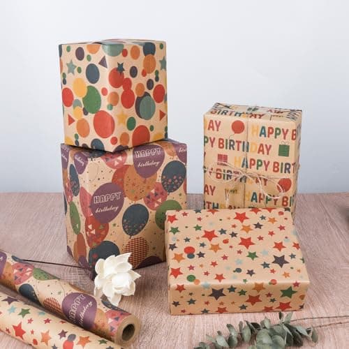 Kraft Wrapping Paper,Colorful Happy Birthday Pattern For Boys Girls, Perfect For Birthday Party, Baby Shower NESCCI Birthday Wrapping Paper,Gift Wrapping Paper Roll-17 inch X 32.8 Feet B0D3X3XZQC