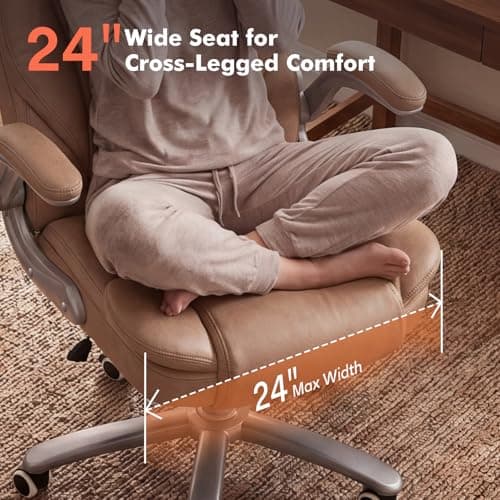 GYI Big and Tall Office Chair 400lb Wide Seat, Ergonomic High Back Leather Executive Desk Chair with Flip-up Arms, Brown