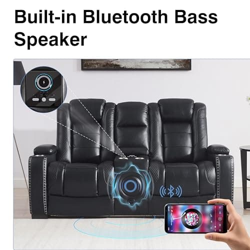 THSUPER Black Leather Power Recliner Sofa Loveseat Sets with Arm Storage and Power Headrest, Leather Living Room Reclining Sofa and Loveseat Set with Cup Holders and Bluetooth Speaker. | Breathable material, LED ambient light, Reading light, Hidden outlet, USB and Type-C port