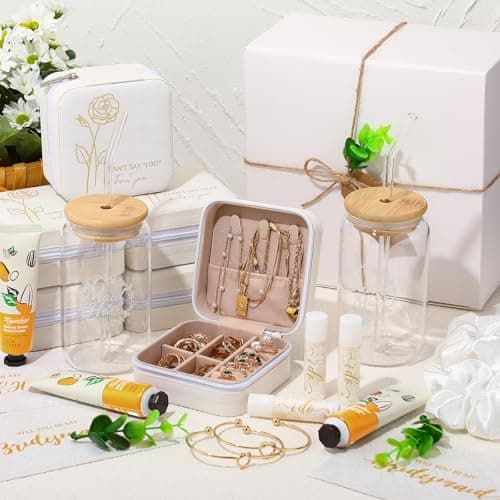Set of 6, includes jewelry boxes, glass cups, scrunchies, knot bracelets, hand cream, lip balm and proposal cards Teenyyou 60 Pcs Bridesmaid Proposal Gift Box Set for Wedding Party,White B0FBWY1R2J