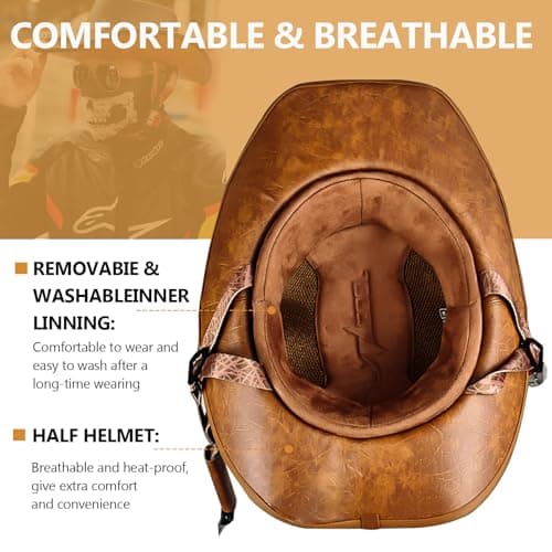 Retro Motorcycle Half Helmet, Western Cowboy Hat Helmet Open Face Motorcycle Helmet DOT Approved Unisex-Adult Half Helmet with Quick Release Buckle and Lining for Mopeds Horse Riding Jazz Caps