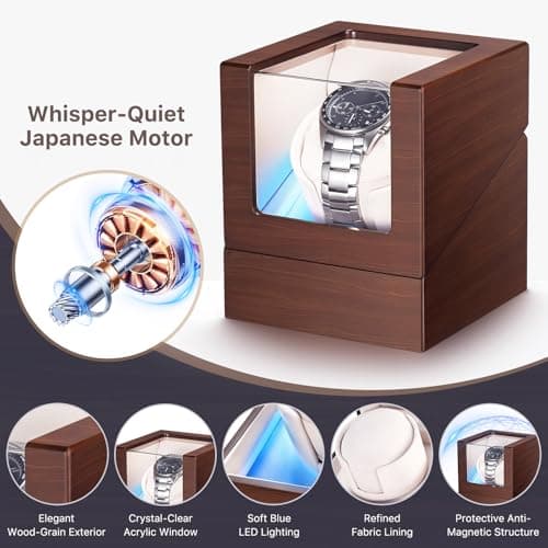 BEKESIN Watch Winder for Automatic Watches, Ultra Quiet Japanese Motor (<5 db), Premium Self Winding Rotating Wooden Watch Case with Soft Blue Ambient Light, Gifts for Him/Her/Dad