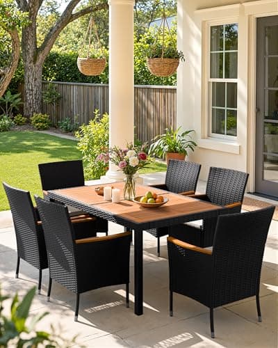 Flamaker 7 Piece Patio Dining Set Outdoor Acacia Wood Table and Chairs with Soft Cushions Wicker Patio Furniture for Deck, Backyard, Garden