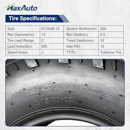 MaxAuto Set of 4 UTV ATV Tires 25x8-12 Front & 25X10-12 Rear Tire, 6PR Tubeless, Four Wheeler Tires All Terrain Tire 25x8x12 Sport Mud-tires 25x10x12 Off Road tire, 4 Pack in 2 Packages