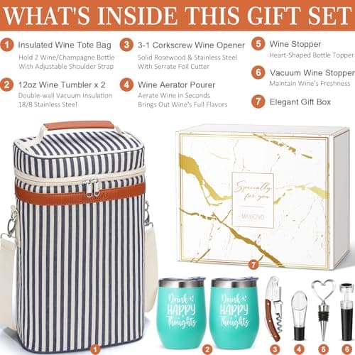 Birthday Christmas Gifts for Women Men - Wine Gift Baskets Christmas Gifts For Mom, Women, Friend, Wine Lovers, Self Care Package, Insulated Wines Tote Bag Carrier w/ Tumblers & Wines Accessories Set