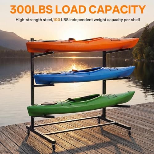 Kayak Storage Rack with Wheel, Adjustable Kayak Racks, Carbon Steel Water Sport Watercraft Storage Rack for Canoes or Surfboards