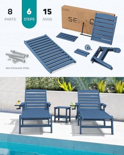 SERWALL Patio Chaise Lounge Chair Set of 2, 78'' Long 5-Positions Adjustable HDPE Outdoor Lounger for Pool, Poly Lounge Chair with Rolling Wheels & Cup Holder for Poolside, Deck, Blue