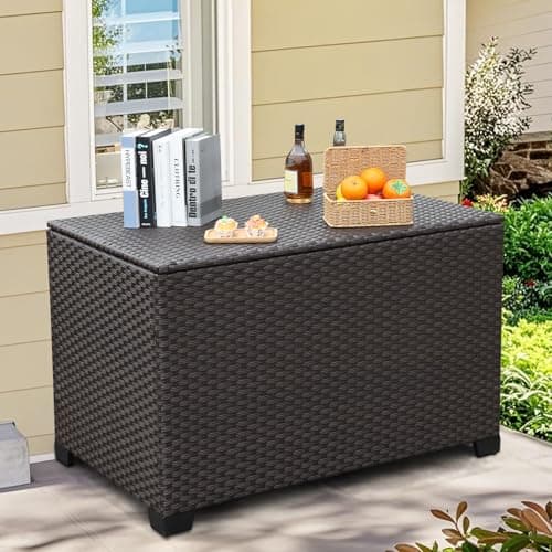 140 Gallon Outdoor Storage Box Wicker Pool Storage Bin with Waterproof Lining Bag Deck Box and Cushion Storage Bin Outdoor, Brown